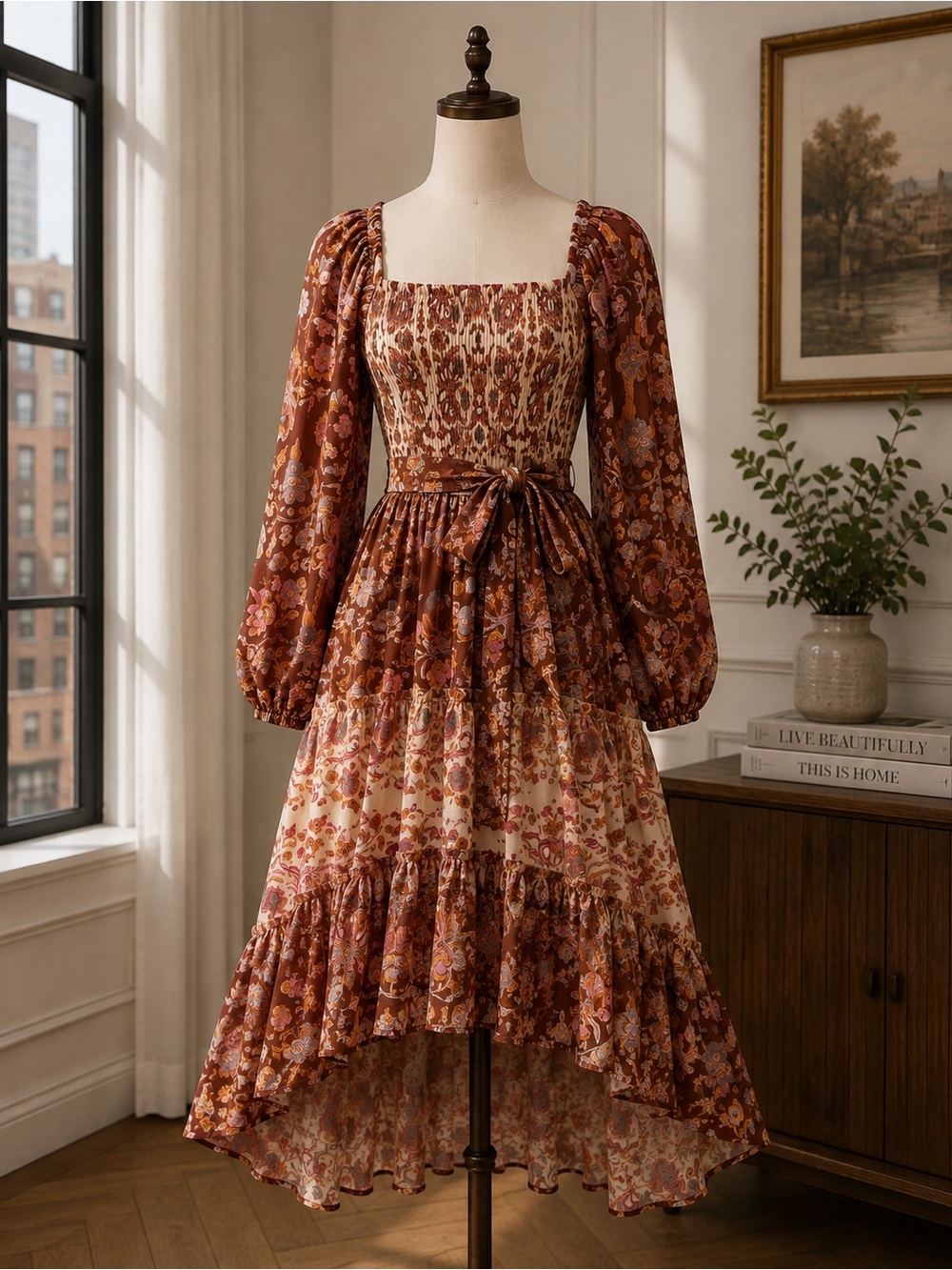 Flying Tomato Bohemian Long Sleeve Belted Dress - Brown and Cream
